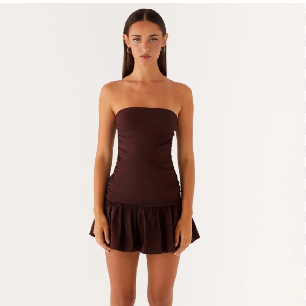 Good Luck Gem Brown Strapless Bubble Hem Mini Dress | Size M | Brand New